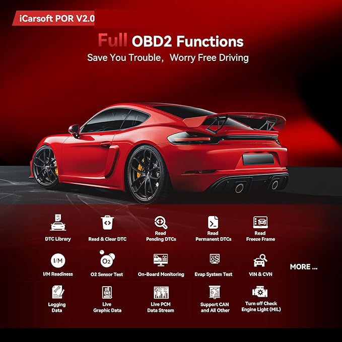OBD2 Scanner Diagnostic Tool for Porsche/Cayenne, iCarsoft POR V2.0 Code Reader Battery Registration for Porsche, All System in-Depth Scan, with Oil Reset/SAS/EPB/BMS/ETC/DP/BLD/INJ, Battery Test - Image 2
