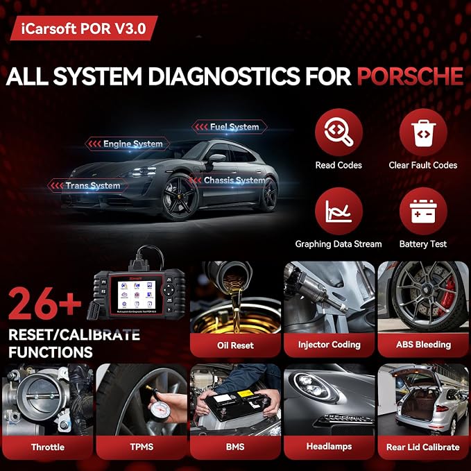 Bidirectional Diagnostic Tool for Porsche/Cayenne, iCarsoft POR V3.0 All System OBD2 Scanner, 26 Resets +12 Extra Services Battery Registration Code Reader for Porsche,Support CAN-FD, Free Update - Image 2