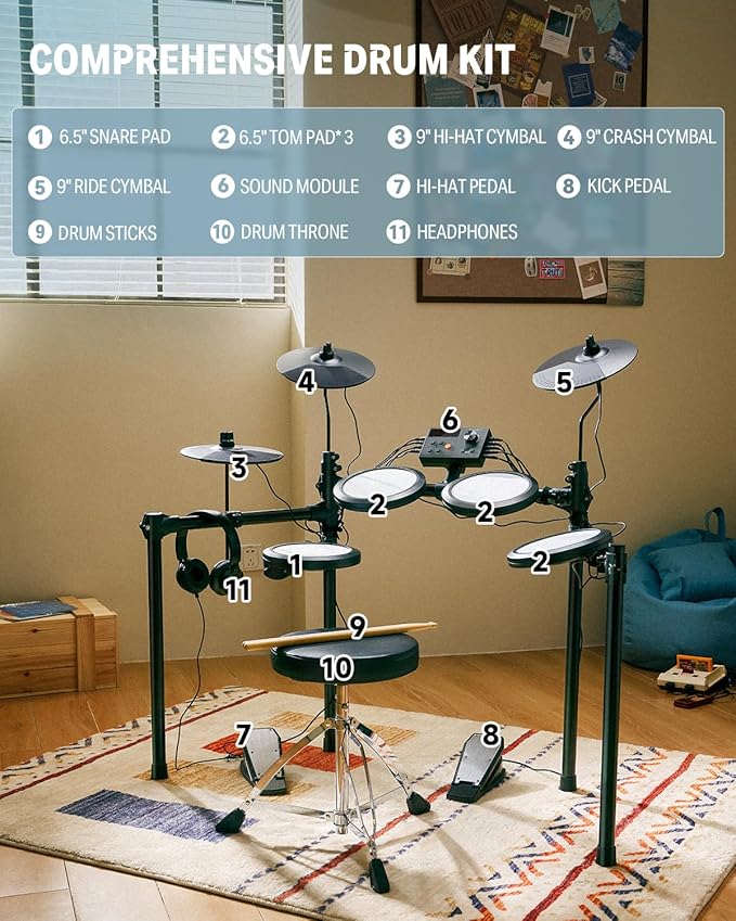 Donner Electric Drum Set, DED-70 Electronic Drum Kit for Beginner with 150 Sounds, 4 Quiet Mesh Pads, 9" Cymbals, USB MIDI, Type-C Charging, 2 Pedal, Throne, Headphones, Sticks, Melodics Lessons - Image 3