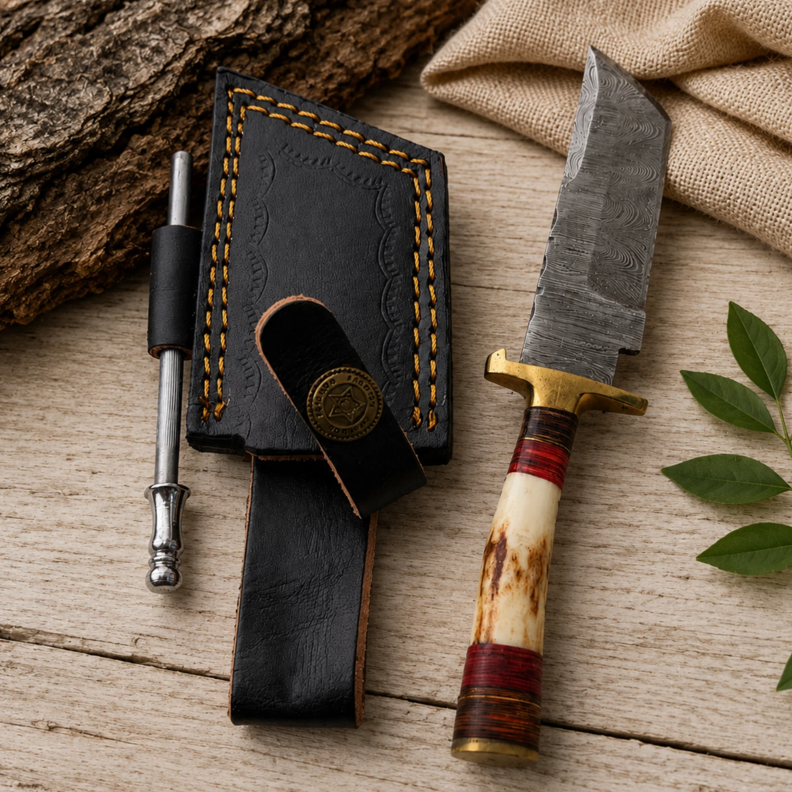 Handmade Damascus Hunting Skinning Knife Stag Handle Leather Sheath Fixed Blade
